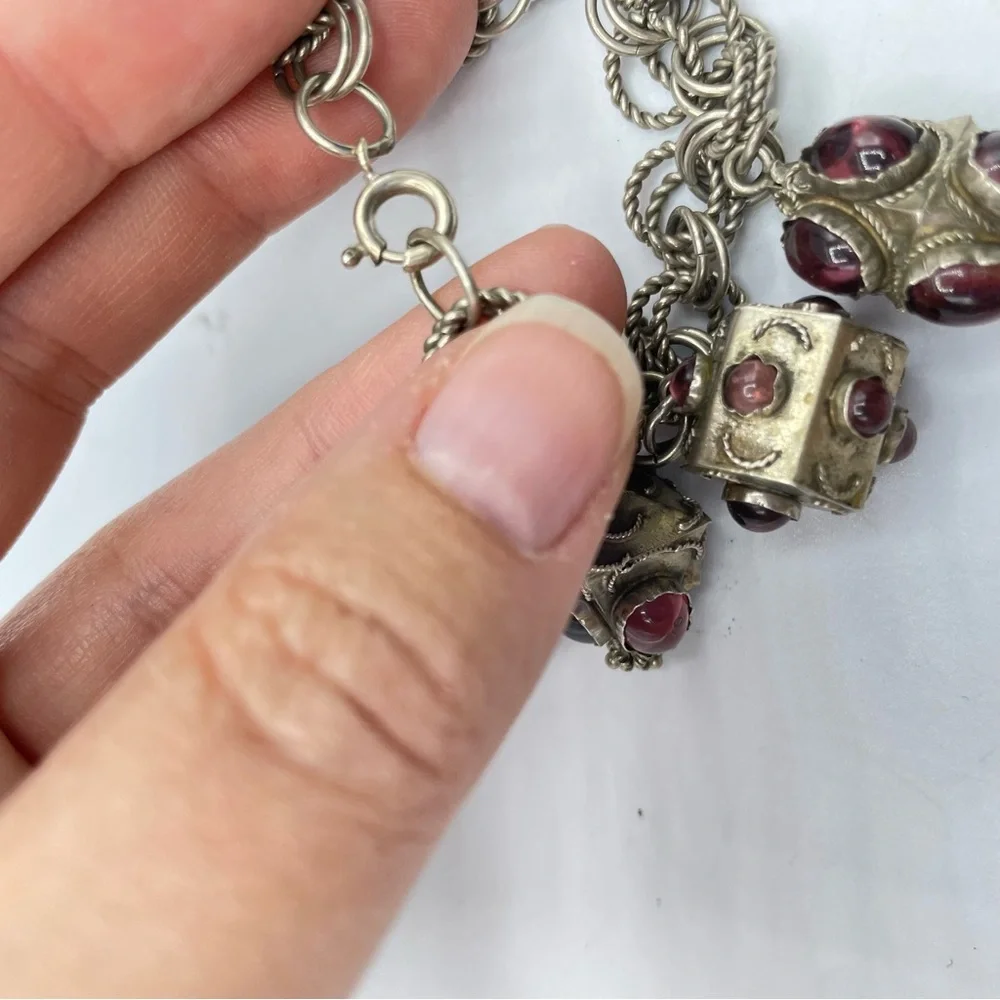 Silver Tone & Red Chunky Bead Charm Bracelet Vintage Style Costume_7